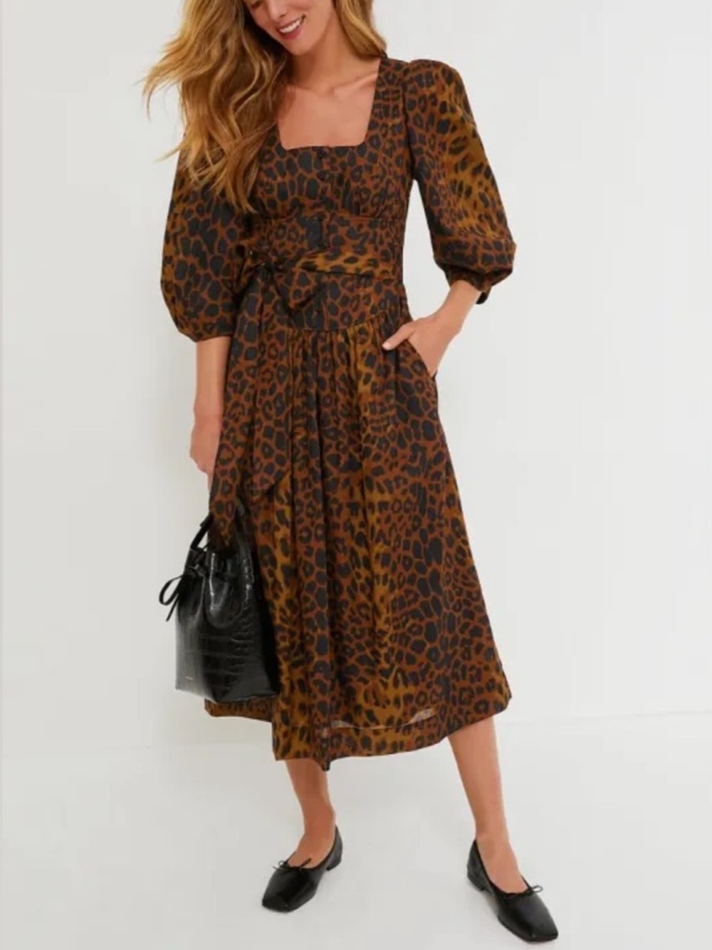 Tuckernuck Leopard Graciela Dress Brown Puff Sleeve Midi NWT Size 8